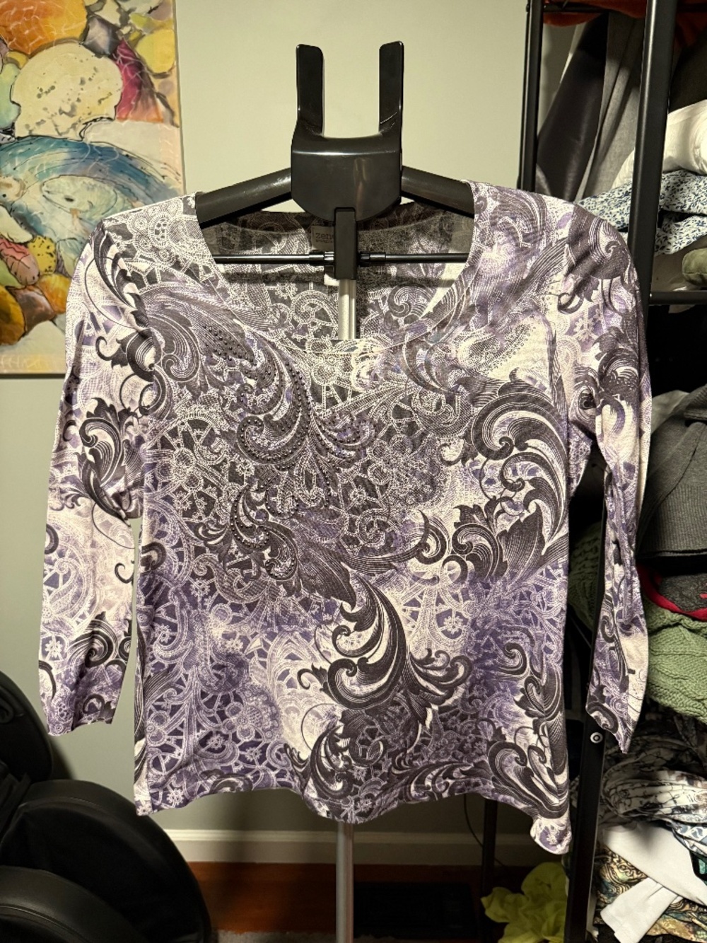 paisley y2k style purple white black 3/4 sleeve shirt Chico's size 1 medium